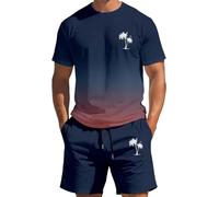 Conjunto genérico de manga corta para hombre, camiseta de culturismo, manga corta con estampado de palmeras, traje de playa, verano de moda, para vacaciones y Streetwear, azul marino, XS