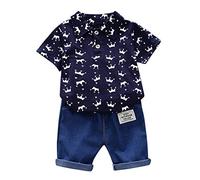 Conjunto genérico de mezclilla para niño y bebé con camisa de manga corta y pantalón corona para traje elegante de niño en edad baja (Dark Blue, 6-12 months)