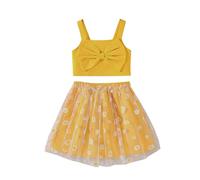 Conjunto genérico de niña de 2 a 7 años de edad, vestido de espalda desnuda estampado de flores y falda mediados largos tul pajarita atuendo informal (Yellow, 4-5 años)