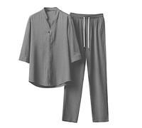 Conjunto genérico de pijama de lino para hombre, traje de Tai-Chi, pijama de estilo kimono japonés, camisa vintage de manga corta con botones de cintura anudada, conjunto de dos piezas, gris, L