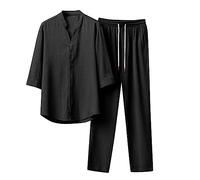 Conjunto genérico de pijama de lino para hombre, traje de Tai-Chi, pijama de estilo kimono japonés, camisa vintage de manga corta con botones de cintura anudada, conjunto de dos piezas, Negro , XL