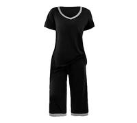 Conjunto genérico de pijama de verano para mujer, color liso, ropa de dormir y cuello redondo, ropa de dormir suave, 2 piezas de ropa de relajación para mujer para la vida diaria, Negro , L