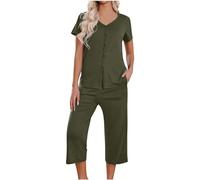 Conjunto genérico de pijama de verano para mujer, color liso, ropa de noche, camiseta y cuello redondo, ropa de dormir suave, ropa de relajación para mujer para la vida diaria, verde, L