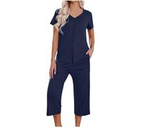 Conjunto genérico de pijama de verano para mujer, color liso, ropa de noche, camiseta y cuello redondo, ropa de dormir suave, ropa de relajación para mujer para la vida diaria, azul marino, M
