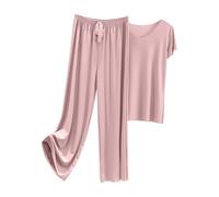 Conjunto genérico de pijama de verano para mujer en casual ropa de dormir para mujer, ropa de dormir casual de dos piezas, color liso, camiseta y pantalones largos suaves con cuello redondo, malva