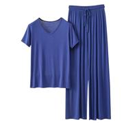 Conjunto genérico de pijama de verano para mujer en casual ropa de dormir para mujer, ropa de dormir casual de dos piezas, color liso, camiseta y pantalones largos suaves, cuello redondo, 2 piezas