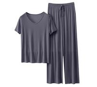 Conjunto genérico de pijama de verano para mujer en casual ropa de dormir para mujer, ropa de dormir casual de dos piezas, color liso, camiseta y pantalones largos suaves, cuello redondo, 2 piezas