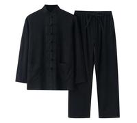 Conjunto genérico de traje de tang de lino para hombre, conjunto de dos piezas, compuesto por camisa y pantalones sueltos de estilo chino Tai Chi traje de Kung-Fu Vintage Pijama Kimono japonés, Negro
