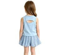 Conjunto genérico de verano para niña 2026 sin mangas nudos cortos con volantes de estilo vichy traje de jugador ocasión (Light Blue, 6-7 años)
