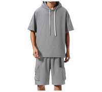 Conjunto genérico deporte hombre verano seda hielo transpirable camisa con capucha y pantalones cortos protección solar Hiphop Oversized Streetwear set Jogging hombres secado rápido color sólido, gris