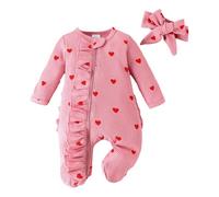Conjunto genérico día de San Valentín recién nacido bebé niña volantes corazón impreso mono gofres salto cuerpo diadema cabeza conjunto ropa blusa (3-6 months)