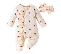 Conjunto genérico día de San Valentín recién nacido bebé niña volantes corazón impreso mono gofres salto cuerpo diadema cabeza conjunto ropa blusa (beige, 3-6 months)