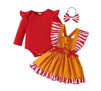 Conjunto genérico para bebé niña de 3 a 18 m, mono de manga larga, volantes a rayas, pajarita y falda mono con ajuste completo con cabeza (rojo, 12 - 18 meses)