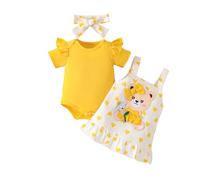 Conjunto genérico para bebé niña manga corta volantes mono bodyship corazón estampado oso mono falda diadema cabeza casual linda ropa corpiño (Yellow, 3-6 months)