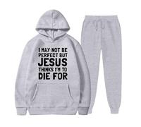 Conjunto genérico para hombre casual suelto con capucha pantalones versátiles para todas las estaciones tema Jesús conjunto casual cómodo estilo religioso para diario, gris claro, XXXL