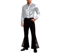 Conjunto genérico para hombre con lentejuelas brillantes, conjunto de camisa larga con mango brillante, pantalón con patas de elefante chándal estilo club carnaval 60s Groovy traje de baile latino