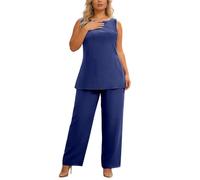 Conjunto genérico para mujer 3 piezas Cárdigan liso de gasa suelta volantes top y pantalón ancho conjunto de 3 piezas traje casual traje chic vestido de playa bohemio, Azul oscuro., M