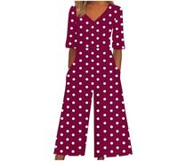 Conjunto genérico para mujer con piernas anchas y estampado de lunares con cuello en V, mono de manga corta con bolsillos retro chic elegante corte fluido cómodo para el verano, ropa de playa o de