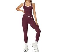 Conjunto genérico para mujer de 2 piezas, color burdeos, contraste blanco, cintura alta, crucero, espalda descubierta, ajustada, yoga, deporte, correr, fitness, leggings para entrenamiento diario y