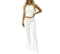 Conjunto genérico para mujer, elegante y elegante, ajustado de 2 piezas, color blanco, sin mangas, corto y nud, pantalones de flare de talle alto para ocio diario, salidas de la ciudad, veladas de