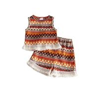 Conjunto genérico para niña 2-7Y con espalda desnuda Rayas estilo étnico bordado y pantalones cortos con flequillo traje casual colorido (café, 2-3 años)