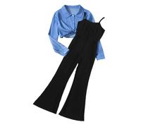 Conjunto genérico para niña, camisa de imitación, de manga larga, top liso, tirantes trasero, pantalón micro acampanado, leggings grandes, ropa infantil informal (azul, 8-9 años)