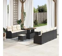 Conjunto genérico para sofá de jardín, 10 piezas, color negro y crema | Poli Rattan, Acero Tratado, Madera Acacia, Pies Regulables, Almacenamiento Integral, Fundas Impermeables