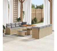 Conjunto genérico para sofá de jardín, 11 piezas, color beige y gris claro | Poli Ratán, Acero Tratado Polvo, Madera Acacia Sólida, Almacenamiento Integral, Pies Regulables