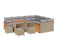 Conjunto genérico para sofá de jardín, 13 piezas, color beige y gris claro | Poli Ratán Tele, Cojín Desmontable, Marco de Acero Epoxi, Madera Acacia, Para Terraza