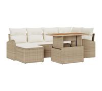 Conjunto genérico para sofá de jardín, 7 piezas, color beige | Poli Rattan, Acero Tratado Polvo, Madera Acacia Sólida, Cojines Desmontables, Almacenamiento Integral