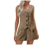 Conjunto genérico sin mangas para mujer, chaleco abotonado con cuello en V y pantalones cortos con bolsillos mini pantalones cortos para mujer, caqui, XL