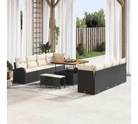 Conjunto genérico sofá jardín 11 unids negro y crema | Poli Ratán, Madera Acacia Maciza, Acero Tratado Polvo, Almacenamiento Integral, Pies Regulables