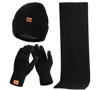 Conjunto Gorro Bufanda y Guantes Hombre Mujer 3 en 1 Set de Invierno, Cálido Invierno Gorro de Punto con Forro Polar, Guantes de Pantalla Táctil, Bufanda Larga (Negro)