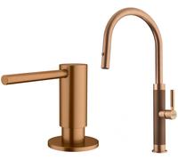 Conjunto grifo de cocina Franke Mythos Masterpiece Pull-Out Spray 115.0711.557, dispensador de líquidos Franke Atlas 112.0717.104