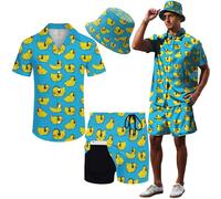 Conjunto hawaiano de 2 piezas para hombre, camisa de pato rave, pantalones cortos, conjunto tropical con sombrero, Pato + sombrero, L