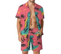 Conjunto hawaiano de 2 piezas para hombre, camisa y pantalones cortos con botones para verano, playa, fiesta de vacaciones, Dinosaurio Surfing on Yellow Board, XS