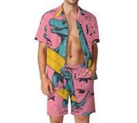 Conjunto hawaiano de 2 piezas para hombre, camisa y pantalones cortos con botones para verano, playa, fiesta de vacaciones, Dinosaurio Surfing on Yellow Board, XXL