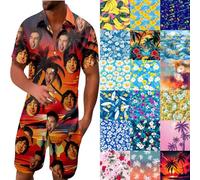 Conjunto hawaiano personalizado para hombre con foto de cara, camisas hawaianas y estampado floral tropical corto, trajes de 2 piezas, regalos personalizados para cumpleaños de hombre