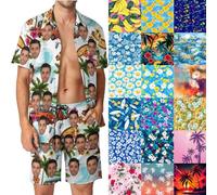 Conjunto hawaiano personalizado para hombre con foto de cara, camisas y pantalones cortos hawaianos para hombre, 2 piezas, estampado floral tropical, trajes de 2 piezas, regalos personalizados para