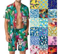 Conjunto hawaiano personalizado para hombre con foto de cara, trajes de 2 piezas para hombre, camisa de manga corta y pantalones cortos, estampado floral tropical, trajes de 2 piezas, regalos