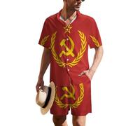 Conjunto hawaiano rojo con emblema de la Unión Soviética CCCP URSS para hombre, conjunto casual de camisa con botones, pantalones cortos, 2 piezas, Multicolor, L