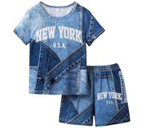 Conjunto infantil de dos piezas para niños tejido con cuello pantalón corto y estampado de estilo vaquero veraniego estilo casual para niñas y niños Ligereza que se Agradece al Vestir cada Mañana