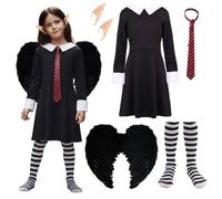 Conjunto infantil de hadas y vampiro para niña, incluye vestido negro, accesorios de ala, medias a rayas, corbata y orejas puntiagudas, perfecto para Halloween, juegos de disfraces y Día Mundial del