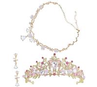 Conjunto Infantil de Tiara, Collar y Pendientes de Clip Dorados | Aleación de Zinc Gemas de Imitación, Diseño Exquisito y Chic, para Vestir Princesas y Ocasiones Obsequios