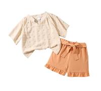 Conjunto informal de verano 2025 para niña: camiseta con cuello en V y pantalones cortos, ropa de juego transpirable para preadolescentes, ropa moderna de colores sólidos a juego. (Beige, 10-11 Years)