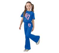 Conjunto Informal para Niña con Top de Manga Corta y Pantalón Largo Estampado para Uso Diario Cómodo (Blue-1, 10-11 Years)