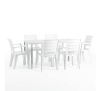 Conjunto jardín exterior mesa y sillas para 6 personas, mesa rectangular de acero con listones de polietileno efecto madera, 6 sillas apilables de resina - Thomas & Anita (Blanco)