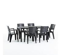 Conjunto jardín exterior mesa y sillas para 6 personas, mesa rectangular de acero con listones de polietileno efecto madera, 6 sillas apilables de resina - Thomas & Anita (Antracita)
