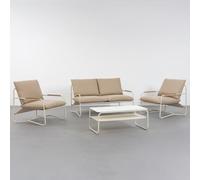 Conjunto Jardin Vesta con Sofá, Mesa y 2 Sillones, Beige | Mesa de Acero y Cristal. Cojines desenfundables. Tratamiento epoxi para exteriores. Relax en Exterior, terraza y patio.