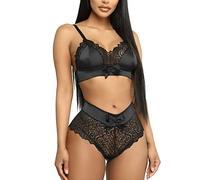 Conjunto Lencería Sexy Lazo Tiras Encaje Mujer Ropa Interior Babydoll 2 Piezas Sujetador Push up Tirantes y Braguitas Bralette Ajustable Escote V+Tanga Cintura Alta Satén Ropa Dormir (Negro, M)